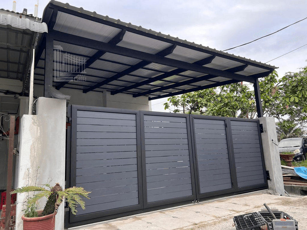 Custom metal awning with a polycarbonate roof sheet over a residential walkway